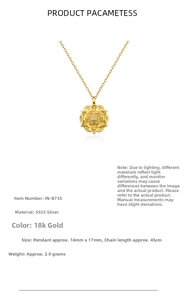 Macro detail of S925 sterling silver 18K gold lotus pendant with zircon center