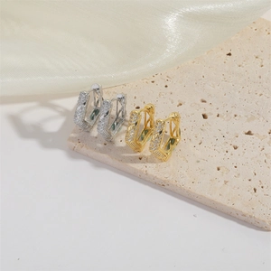 Chic gold and silver C-shaped rectangular hoop earrings with pavé zircon settings