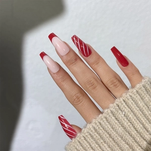 Christmas Press On Nails Long Coffin Fake Nails Red French Snowflake Candy Cane Pattern Artificial Finger Nails For Women