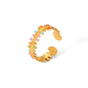 Detailed view of adjustable fishbone gold ring with colorful enamel inlay accents