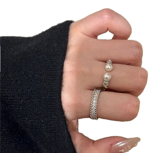 Minimalist silver-tone pearl open ring and zircon pavé band jewelry set for women