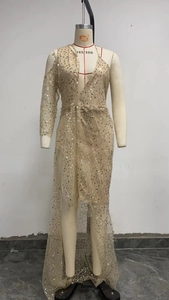 Detail von Pailletten-Netzstoff und hohem Schlitz am champagnerfarbenen Abendkleid
