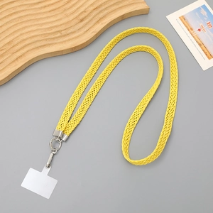 Yellow braided crossbody phone strap with durable metal clasps and transparent patch