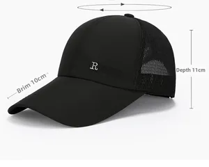Detail view of black mesh baseball cap showing 10cm brim length and 11cm depth dimensions