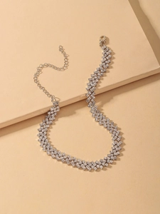 Detail of silver rhinestone choker showing lobster clasp and adjustable extension chain