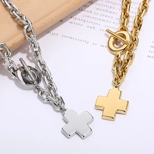 Chic stainless steel 18K gold and silver cross pendant necklaces with toggle clasp