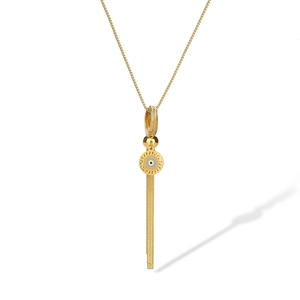 Detailed close-up of gold titanium necklace with blue eye pendant and long tassel drop