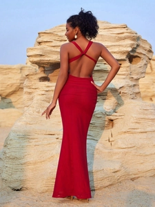 Elegant red backless maxi party dress with slim fit and cross-strap detail