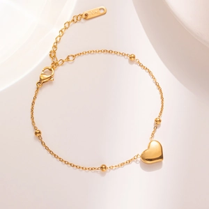 Elegant 18K gold plated heart pendant bracelet with bead chain and adjustable clasp
