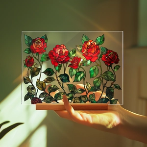 Detail of hand-held acrylic flower plaque with red roses and light wooden base