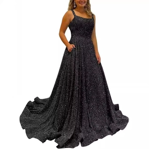 Sparkly black A-line prom dress with spaghetti straps and convenient side pockets