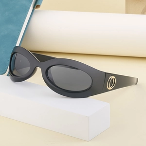 Chic Y2K oval cycling sunglasses with black frames and gold hardware detail on white props