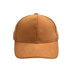 Detailed close-up of brown corduroy fabric texture on a six-panel baseball cap