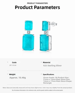 Detailed view of 925 sterling silver earrings with rectangular paraiba turquoise stones