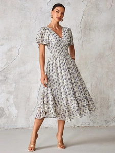 V-Neck Print Dress Polyester Chiffon Ruffle Short Sleeve Tiered Layered High Waist Casual Vacation For Women