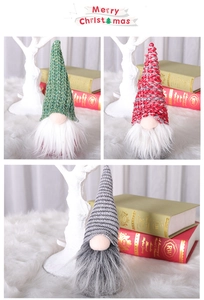 Detailed view of three knitted Christmas gnomes in red, green, and grey festive colors