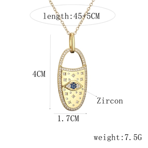 Gold evil eye pendant necklace with zircon inlay and detailed product dimensions
