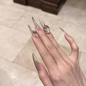 Faux ongles œil de chat argentés longs et pointus avec des strass sur modèle réel