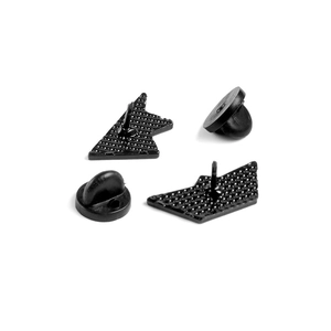 Set of 4 black metal badge pin backs with matching rubber clutch caps on white background