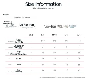 Size chart for yoga flare jumpsuit with body measurements and fabric composition details