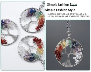 Detail of tree of life keychain featuring colorful natural crystal stones and silver wire