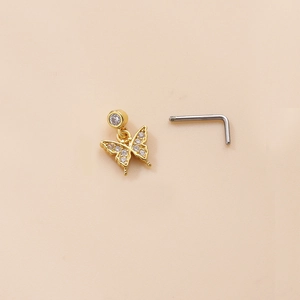 Piercing de nez en forme de L avec pendentif papillon doré orné de zircons scintillants