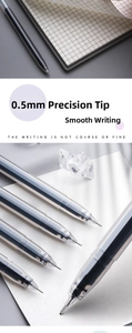 Macro detail of 0.5mm needle tip on transparent gel pen for smooth writing