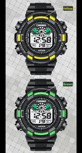 Close-up of waterproof digital sport watches with yellow and green accent details