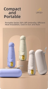 Détail d'un mini parapluie pliable avec étiquette UPF50+ et son étui capsule à fermeture