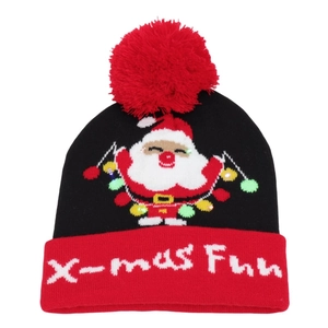 LED Christmas knit hat with Santa Claus pattern and X-mas Fun text on red cuff