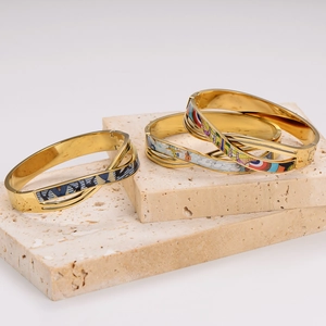 Artistic gold-plated stainless steel enamel bangles with colorful graffiti patterns