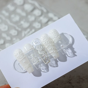 3D embossed white lace and pearl nail art sticker set with silver glitter details