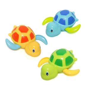 Three colorful wind-up turtle bath toys in yellow, blue, and green for kids' swimming fun