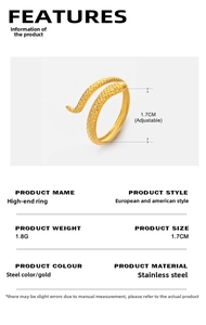 Macro shot of 18K gold plated stainless steel snake ring with textured scale detail