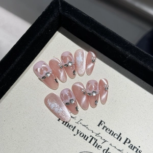 Handmade Pink Cat Eye Press On Nails With 3D Flowers Hearts Rhinestones Artificial Pearls Sweet Elegant Style For Women