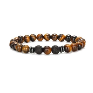 8mm tiger eye and volcanic lava stone beaded bracelet with dark metal spacers on white back