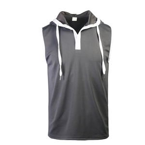 Detail of grey hooded sleeveless polo shirt showing breathable mesh fabric and white trim