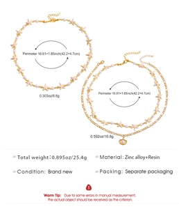 Detail view showing dimensions and weight of bohemian starfish and shell pearl necklace set
