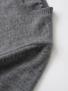Detailed macro view of the grey ribbed crew neck and shoulder seams on a knit sweater