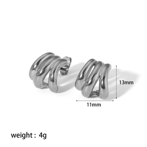 Three-line wave texture silver stainless steel stud earrings measuring 13mm by 11mm