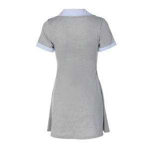 Detail view showing the back of the grey short sleeve dress with striped collar accents