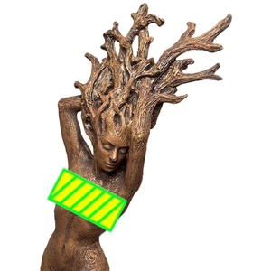 Resin forest goddess sculpture with branch hair and bronze finish on white background