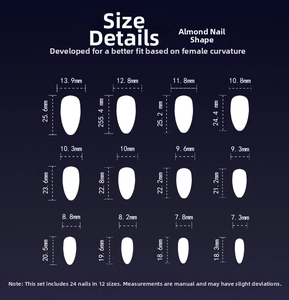 Size chart showing width and length for almond shape 3D press-on nails in 12 sizes