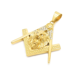 Hip hop gold lion head pendant with masonic symbol and rhinestones on stainless steel