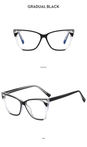 Detailed views of gradual black cat-eye glasses frames with blue light blocking lenses