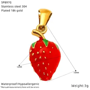 Detail showing 304 stainless steel strawberry pendant with dimensions and 18K gold plating