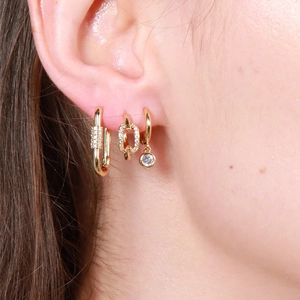 Three-piece gold-plated geometric earring set featuring zircon-studded link and charm designs