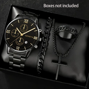 Close-up of black steel watch set with Cuban bracelet, ring and cross necklace
