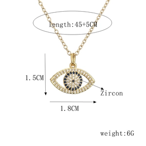 Detailed size specifications for gold zircon evil eye pendant necklace showing dimensions
