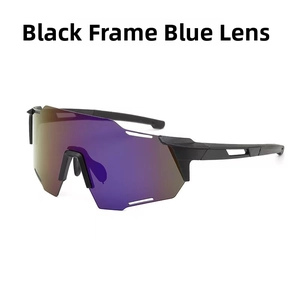 Close-up of matte black frame cycling glasses with blue gradient reflective lenses